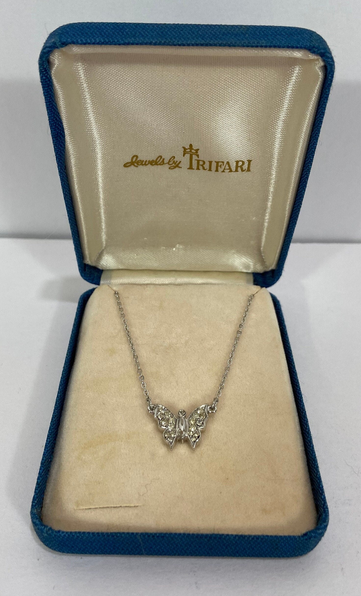 Vintage Crown Trifari Rhinestone Butterfly Pendant Choker Necklace