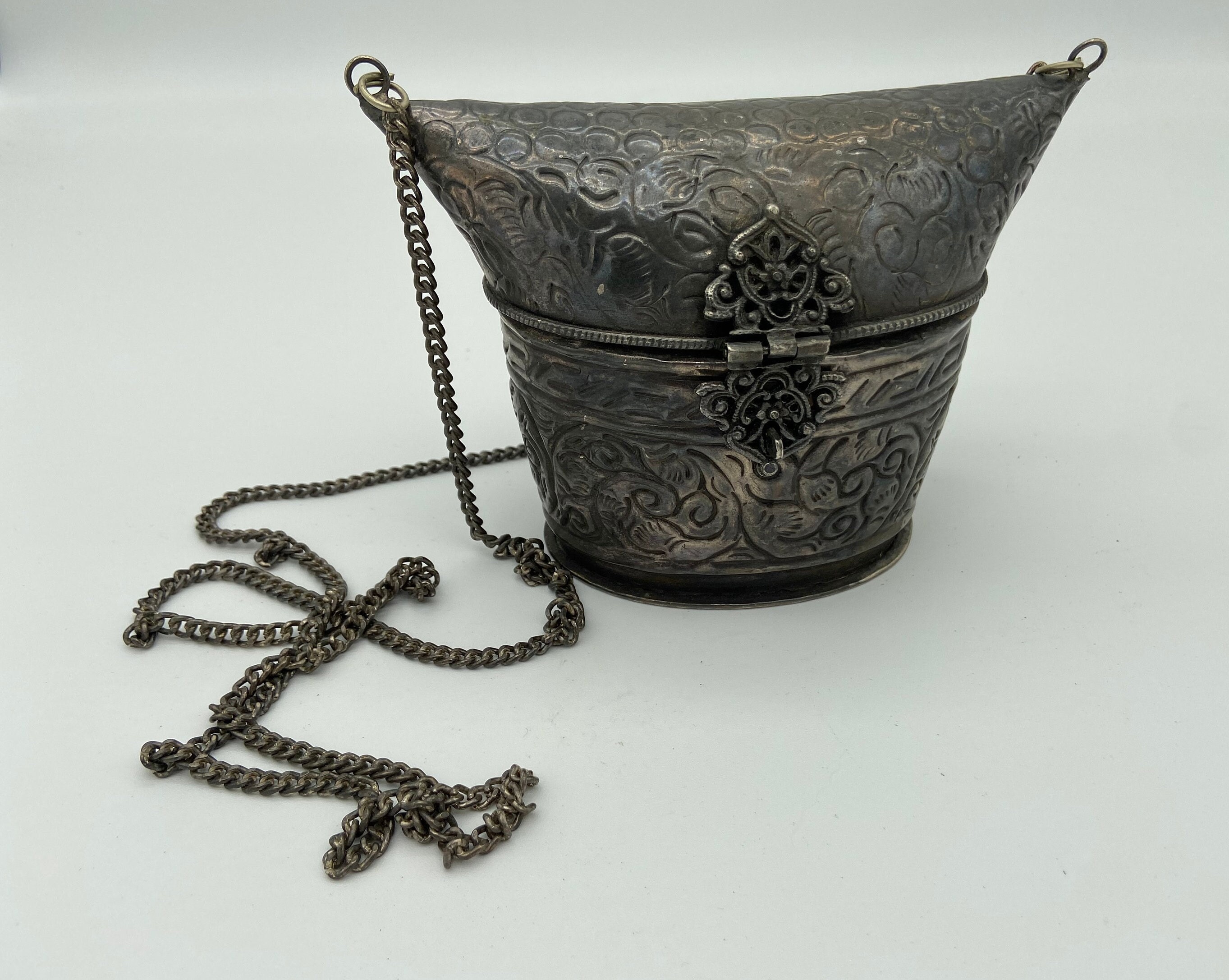 Vintage Metal Pillow Purse Silver Tone Embossed Metal Handbag