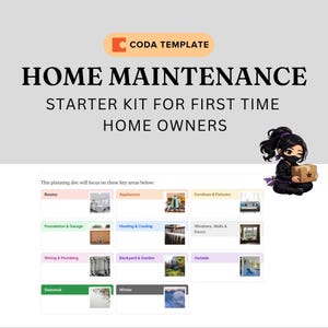 May include: A Coda Template digital document titled Home Maintenance Starter Kit for First Time Home Owners. The layout features a grid of categories including Rooms, Appliances, Furniture, Foundation, Heating, Windows, Wiring, Backyard, Outside, Seasonal, and Winter, accompanied by a cartoon ninja character holding a box.
