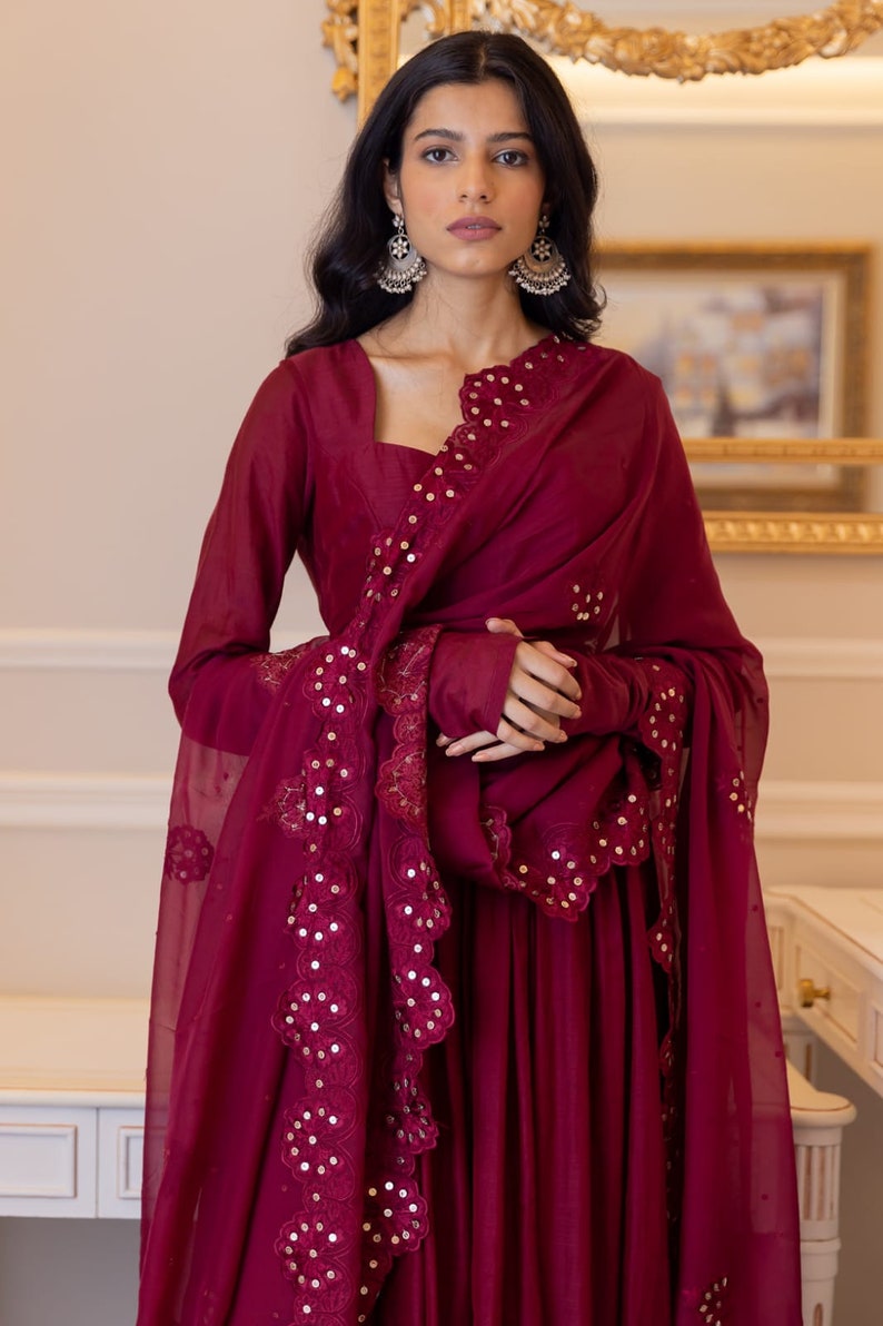 Women Maroon Faux Georgette Embroidery work Kurta Set With Dupatta