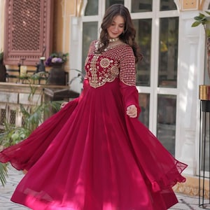 Red Colour New Design With Embroidery Gown With Dupatta