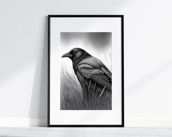 Crow Hunting Worms | Black & White | Charcoal Sketch style | Printable digital art | Wall art | Home | Office