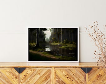 Wooded Landscape | Creek | Serene | Secluded | Fishing Hole | Digital Sketch | Printable digital art | Wall art | Home | Office