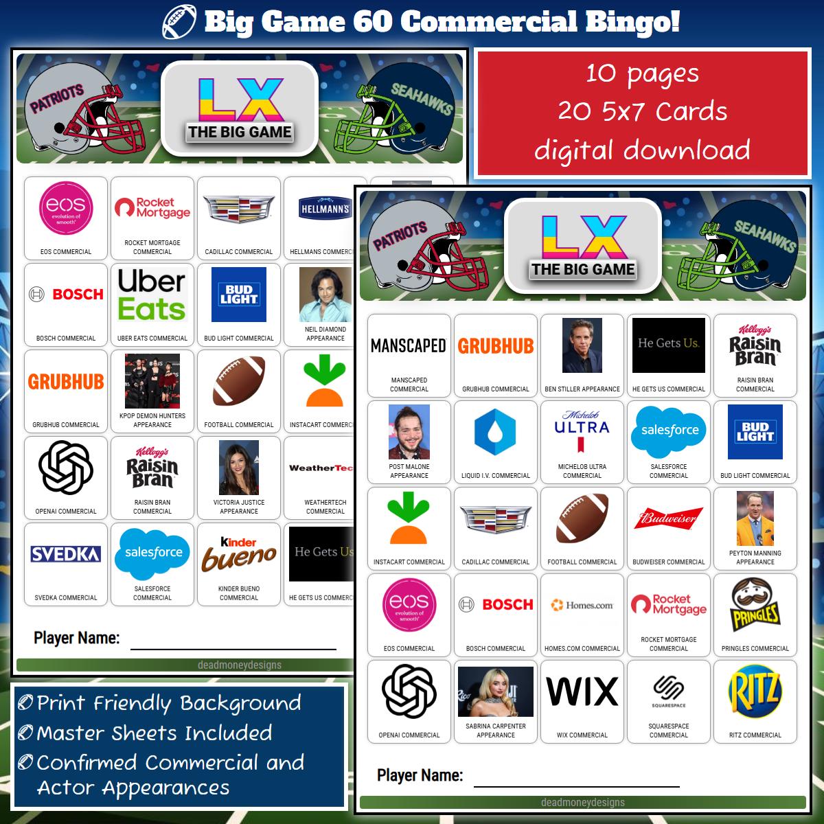 Big Game Commercials Bingo 2026 | 20 Card Set | Instant Download - Etsy