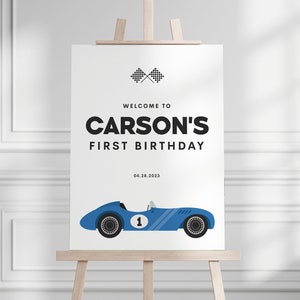 Racecar Birthday Party Welcome Sign, Editable Modern Blue Race Car Wall Sign, Racing Fast One Party Easel Sign, Printable, INSTANT DOWNLOAD