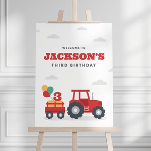 Tractor Birthday Party Welcome Sign, Editable Modern Red Tractor Wall Sign, Red Farm Tractor Party Easel Sign, Printable, INSTANT DOWNLOAD