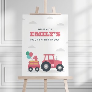 Tractor Birthday Party Welcome Sign, Editable Modern Pink Tractor Wall Sign, Girl Farm Tractor Party Easel Sign, Printable, INSTANT DOWNLOAD