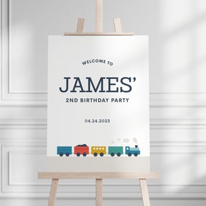 Train Birthday Party Welcome Sign, Editable Modern Railroad Wall Sign, Railway Party Easel Sign, Choo Choo Printable, INSTANT DOWNLOAD