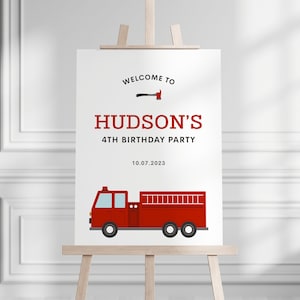 Red Firetruck Birthday Party Welcome Sign, Editable Modern Fire Station Wall Sign, Minimal Fire Engine Party Easel Sign, INSTANT DOWNLOAD