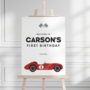 Racecar Birthday Party Welcome Sign, Editable Modern Red Race Car Wall Sign, Racing Fast One Party Easel Sign, Printable, INSTANT DOWNLOAD