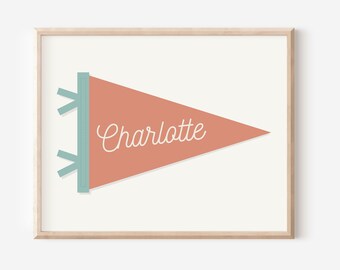Personalized Salmon Pennant Girl Wall Decor, Editable Modern Name Pennant Print, Printable Name Art Print, Girl Wall Art INSTANT DOWNLOAD