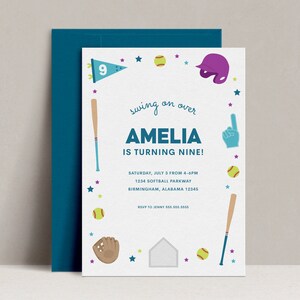Softball Birthday Party Invitation, Editable Modern Girl Softball Invite, Minimal Softball Teal Party Invite, Printable, INSTANT DOWNLOAD