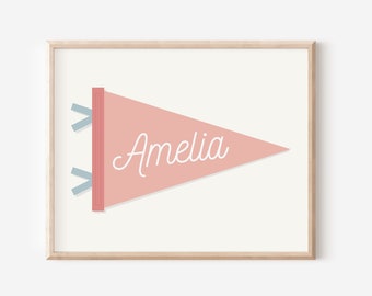 Custom Pink Pennant Girl Wall Decor, Editable Modern Name Pennant Print, Printable Name Art Print, Girl Room Wall Art, INSTANT DOWNLOAD
