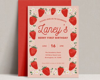 Strawberry First Birthday Invitation, Editable Berry First Birthday Invite, Minimal Strawberry Flower Party, Printable, INSTANT DOWNLOAD