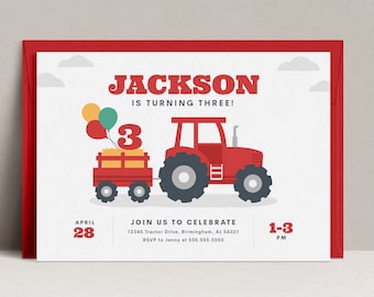 Convite de aniversário de trator, convite de festa de tratores vermelhos modernos editáveis, convite de aniversário mínimo de fazendeiro, fazenda para impressão, DOWNLOAD INSTANTÂNEO