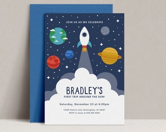 Space Birthday Party Invitation, Editable Modern Blue Rocket Invitation, Minimal First Trip Around the Sun Party Invite, INSTANT DOWNLOAD