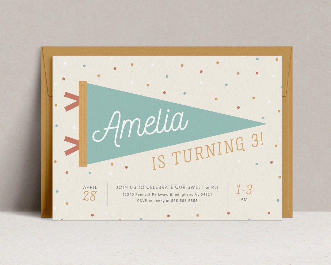 Pennant Birthday Party Invitation, Editable Retro Teal Flag Party