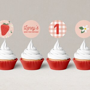 Strawberry Birthday Cupcake Toppers, Editable Berry First Birthday Toppers, Minimal Berry Flower Cupcake Topper, Printable, INSTANT DOWNLOAD