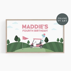 Golf Girl Birthday Party Frame TV Art, Cyfrowy Różowy Golf Cart Telewizor Ramka Urodziny Znak, Golf Frame Tv Art, Edytowalny, NATYCHMIASTOWE POBIERANIE