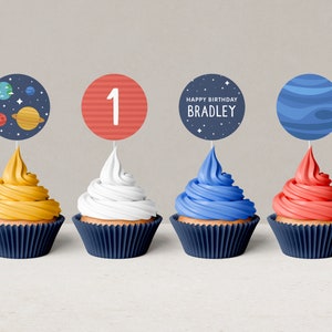 Space Birthday Party Cupcake Toppers, Editable Blue Rocket Toppers, Minimal First Trip Around the Sun Theme, Printable, INSTANT DOWNLOAD