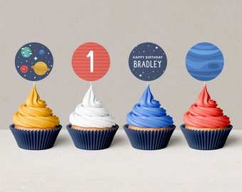 Space Birthday Party Cupcake Toppers, Editable Blue Rocket Toppers, Minimal First Trip Around the Sun Theme, Printable, INSTANT DOWNLOAD