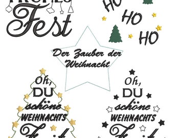 May include: A digital embroidery design featuring four Christmas-themed designs. The designs include a Christmas tree with the text "Oh, Du schöne Weihnachtszeit", a star with the text "Der Zauber der Weihnacht", a Christmas tree with the text "Ho Ho Ho", and a banner with the text "Frohes Fest".