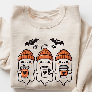 Cute Ghost Drinking Coffee Sweatshirt, Halloween Party Shirt, Fall Graphic Shirt, Ghost Ice Coffee, Spooky Season, Fall Coffee Lover Shirt
