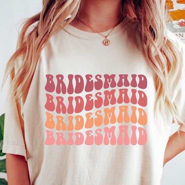 Retro Bridesmaid Shirt, Bridal Party Shirt, Neutral Wedding, Boho Bride, Groovy Bachelorette Theme Party Tee, Aesthetic Trendy Words on Back