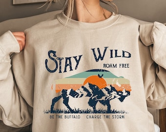 Stay Wild Buffalo Apparel, Retro Bison Outfit, Wild Animals Clothes, Western Shirt, Cool Mountain T-Shirt, Charge The Storm Clothing