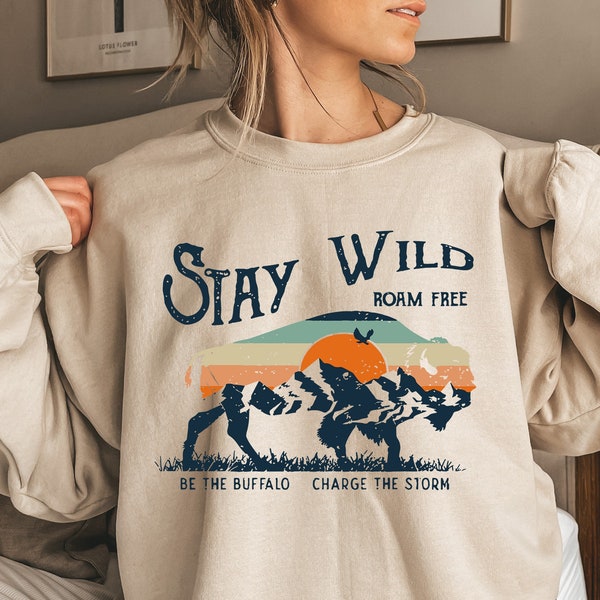 Stay Wild Buffalo Apparel, Retro Bison Outfit, Wild Animals Clothes, Western Shirt, Cool Mountain T-Shirt, Charge The Storm Clothing