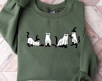 Halloween Sweatshirt,Cat Sweatshirt,Ghost Shirt,Black Cat Shirt,2025 Spooky Seas,Cool Halloween Cat Shirt,Cat Lover Tshirt,Halloween Sweater