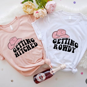 Western Bachelorette Party Shirt, Getting Hitched Getting Rowdy Shirt, Bridal Party Tee, Group Bridal, Country Themed Bachelorette T-Shirts