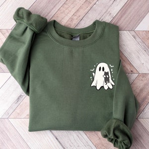 Halloween Sweatshirt, Ghost and Cat Sweatshirt, Cat Lover Tshirt, Halloween Sweater,  Ghost Shirt, Black Cat Shirt, Cool Halloween Cat Shirt