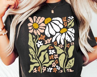 Camiseta de flores, camisa de naturaleza floral de flores silvestres boho, camisas de gran tamaño, camisa de flores silvestres, ropa teñida, camisas boho, camisa de flores