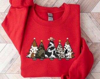 Country Christmas Sweatshirt, Cute Cowhide Sweatshirt, Holiday Sweatshirt,Christmas Cow Shirt,Cow Lover Gift,Farm Sweatshirt,Christmas Trees