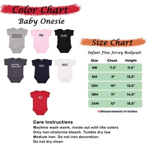 May include: Color chart for baby onesies in various colors, including athletic heather, pink, black, heather dark grey, navy, white, and red. Size chart for infant fine jersey bodysuit with sizes NB, 6M, 12M, 18M, and 24M, with corresponding chest and height measurements in inches.