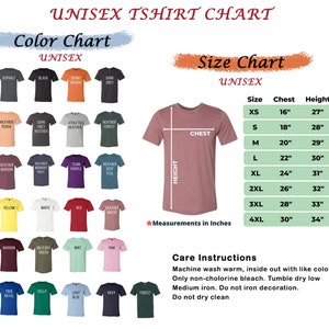 May include: Unisex t-shirt size chart with measurements in inches. The chart shows the chest and height measurements for sizes XS to 4XL. The chart also includes a color chart with 20 different t-shirt colors.