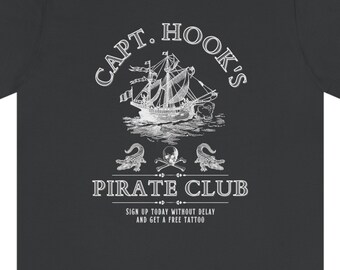 Capt. Hook's Pirate Club Tee Shirt - Limited Edition Rare Hook Pirate T-Shirt Top - Crocodile Skull Crossbones - Shirts for Men Women Kids