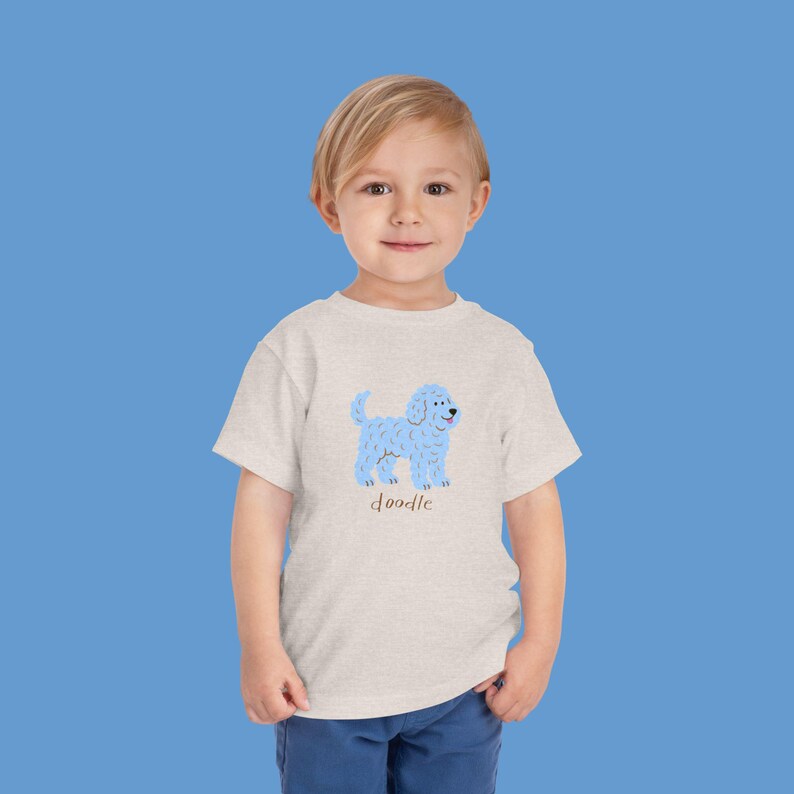 Blue Doodle Pup Toddler Short Sleeve Tee, Cute Dog Lover Shirt for Kids, Animal Graphic Tshirt, Playdate Outfit, Nature Adventure Top image 5