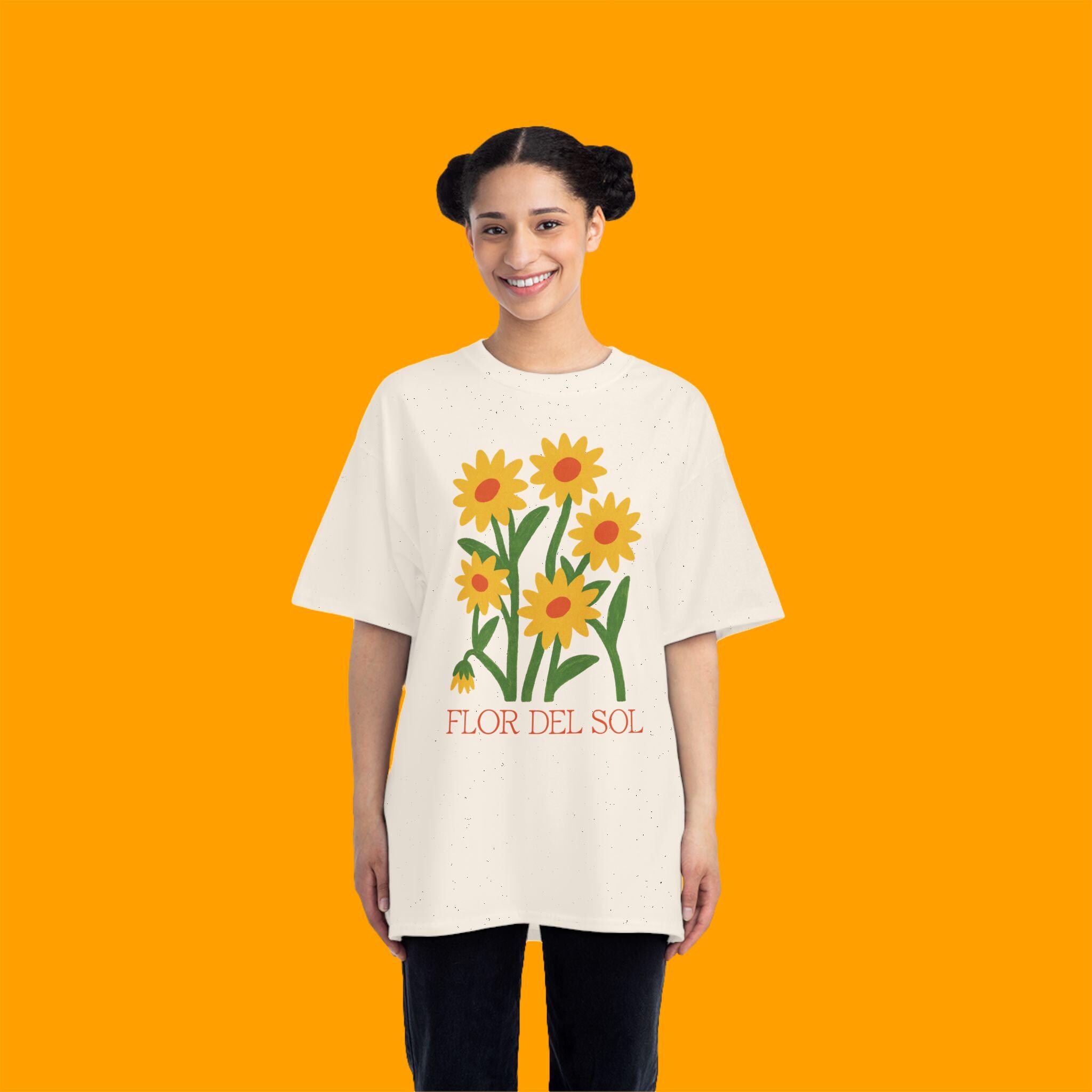 ひまわりレトロTシャツ、手描きのサマーフローラルデルソルTシャツ 