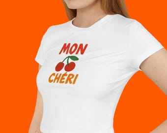 Retro Cherry Mon Cheri Fruit Sticker - Women's Baby Tee, Graphic Tee, Retro Tee, Vintage Shirt, Fruit Lover Shirt, Cherry Shirt