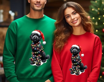 May include: Two Christmas jumpers featuring a black dog wearing a Santa hat and wrapped in Christmas lights. The jumper on the left is green and the jumper on the right is red.