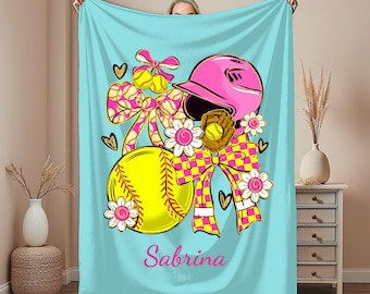 Personalized Girls Softball Blanket,Softball Team Gift,Custom Name Coquette Preppy Bow Blanket,Teen Athlete Gift, Girly Softball Throw