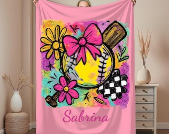 Personalized Girls Softball Blanket,Softball Team Gift,Custom Name Coquette Preppy Bow Blanket,Teen Athlete Gift,Retro Girly Softball Throw