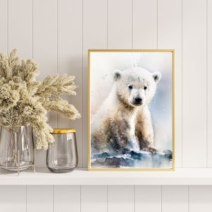 Polar Bear Cub Water Color Painting, Housewarming Gift, Digital Print, Digital Art, Wall Art, Cute Animal Painting, Gift For Him