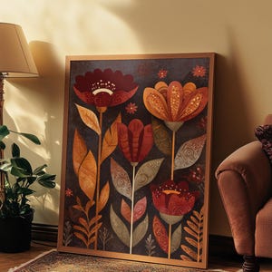 Retro Floral Wall Art | Digital Download | Boho Folk Botanical Print | Autumn Colorful Flowers