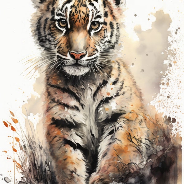 Tiger Cub Water Color Painting, Housewarming Gift, Digital Art, Digital Print, Wall Art, Cute Animal Painting, Tiger Painting, Gift For Him