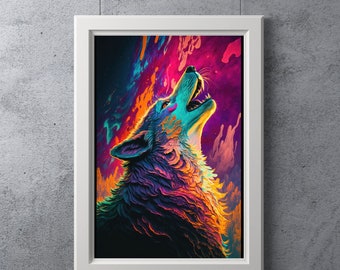 Psychedelic Howling Wolf Oil Painting, Digital Art Print, Ai Generated, Wall Art, Digital Download, Printable, Home Decor, Housewarming Gift