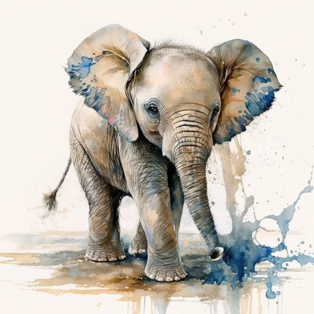 Baby Elephant Water Color Painting, Digital Art, Digital Print, Wall
