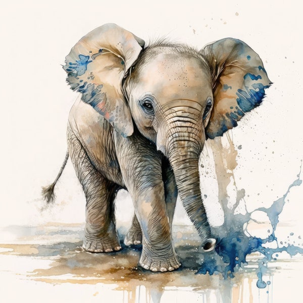 Baby Elephant Water Color Painting, Digital Art, Digital Print, Wall Art, Elephant Painting, Animal Painting, Gift For Her, Gift For Him